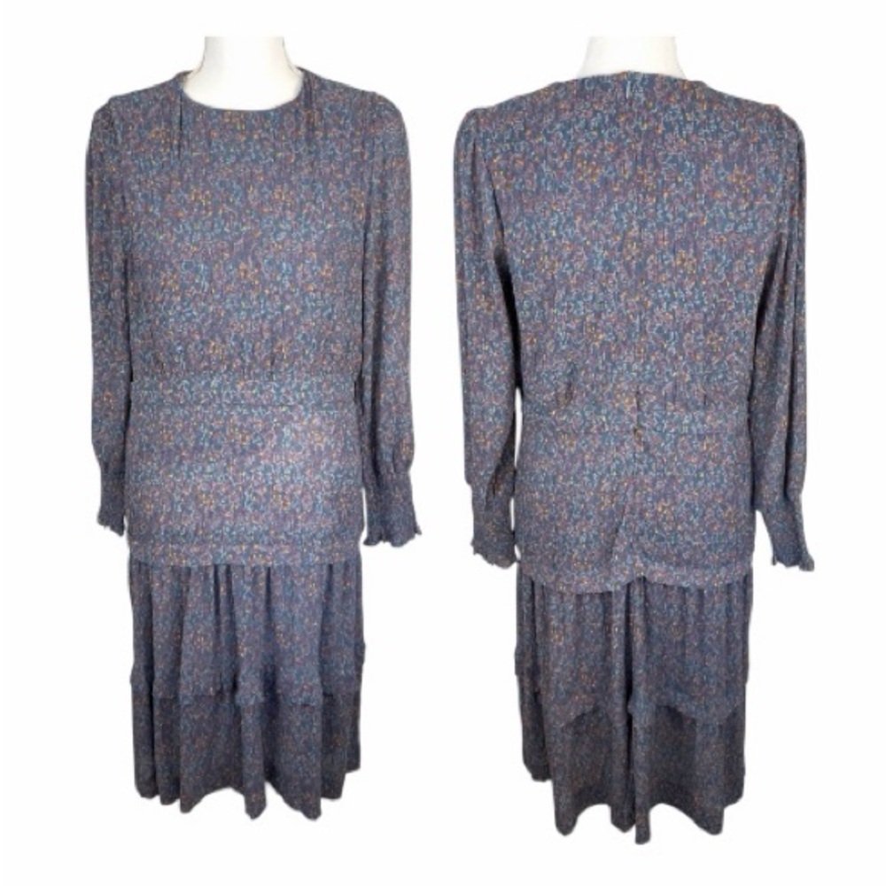 MDRN Blue Floral Tiered Long Sleeve Victorian Style Midi Dress. Size Small.